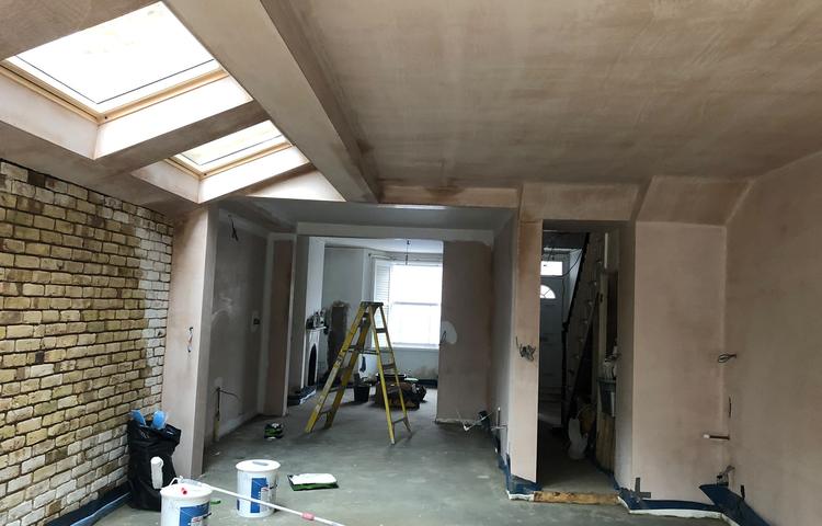 Side-return extension interior during building work in Lewisham