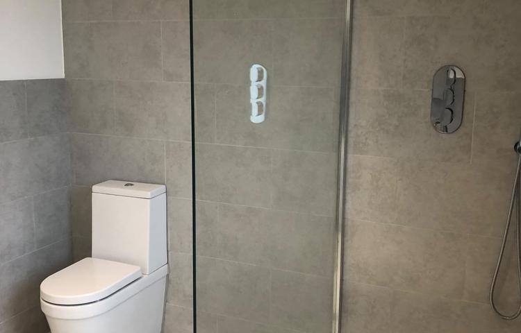 Walk-in shower and toilet with grey tiling in Lewisham