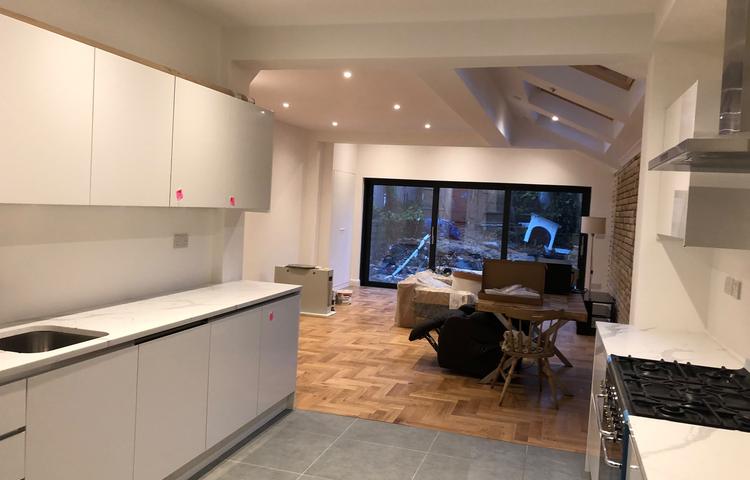 New kitchen and parquet floor in the open-plan extension in Lewisham